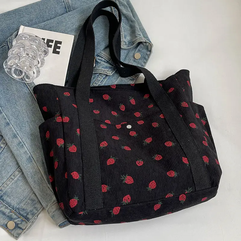 Women's Large Capacity Corduroy Shoulder Bag with Red Rose Print - Image 3