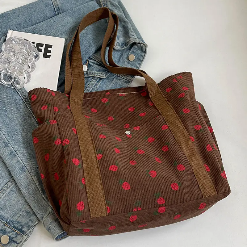 Women's Large Capacity Corduroy Shoulder Bag with Red Rose Print - Image 4