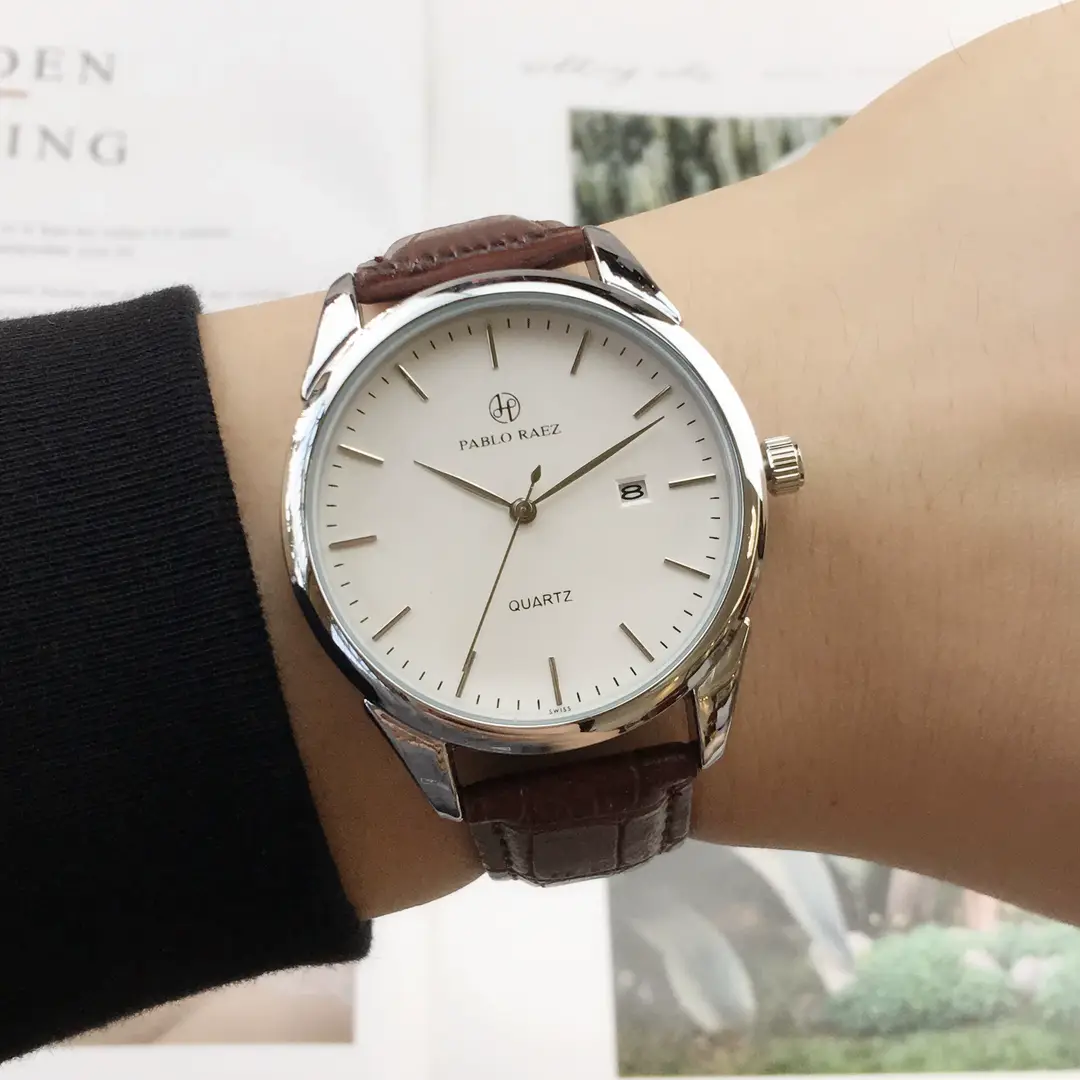 Men's Brown Leather Belt Quartz Watch with White Dial — feature 14