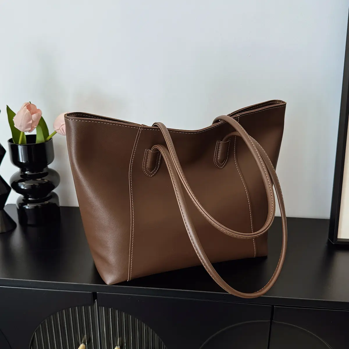 Large Capacity Leather Tote Bag for Women Brown - Image 3
