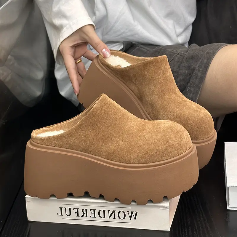 Women's Fleece Platform Slippers Brown Winter — feature 1