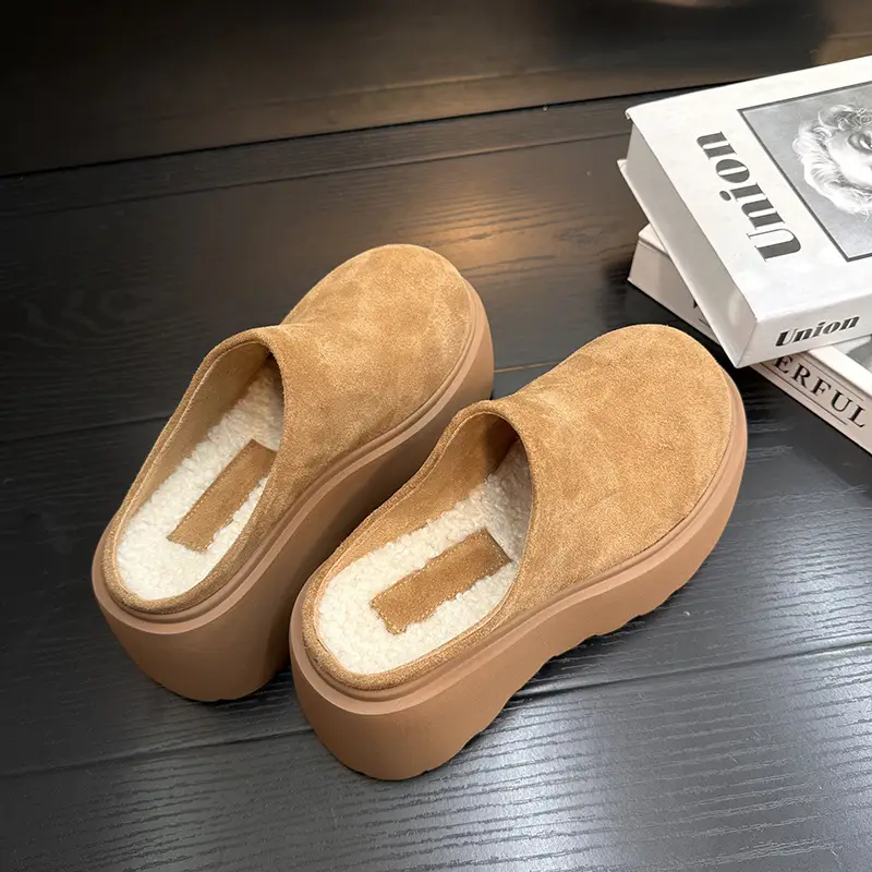 Women's Fleece Platform Slippers Brown Winter — feature 15