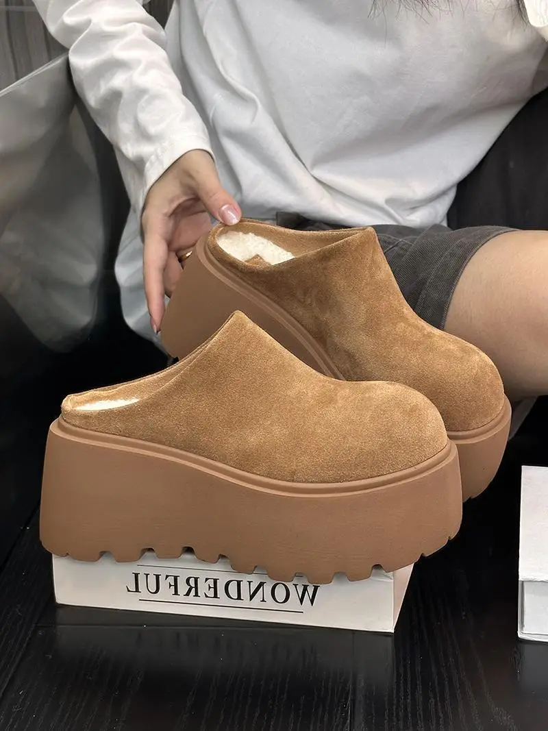 Women's Fleece Platform Slippers Brown Winter — feature 21