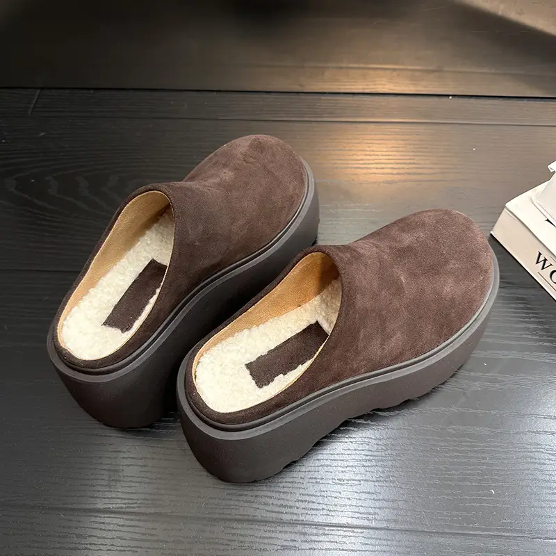 Women's Fleece Platform Slippers Brown Winter - Image 3