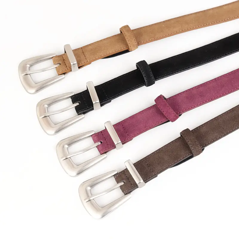 Black Cow Velvet Belt with Silver Buckle for Women