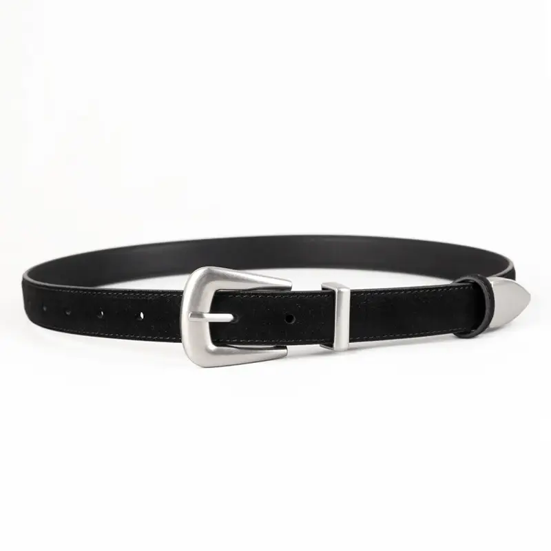 Black Cow Velvet Belt with Silver Buckle for Women