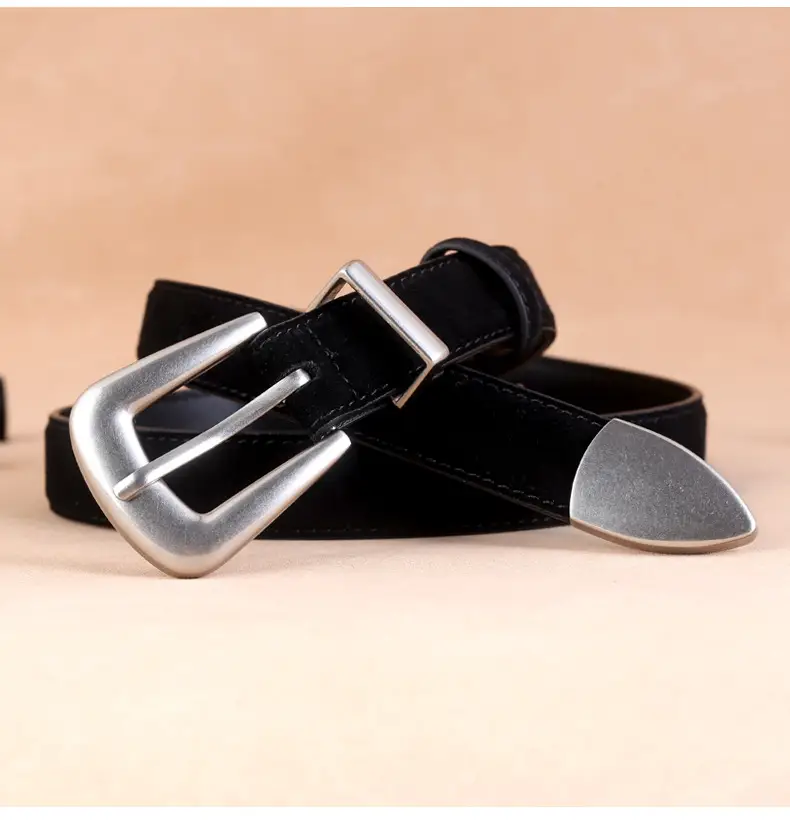 Black Cow Velvet Belt with Silver Buckle for Women — feature 20