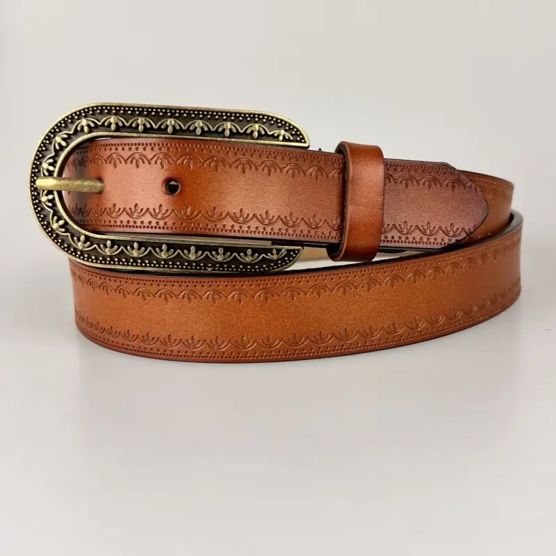 New Genuine Leather Belt Cowhide Embossed Brown - Image 7
