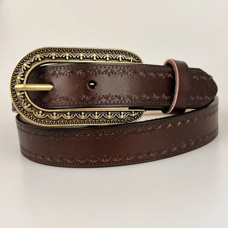 New Genuine Leather Belt Cowhide Embossed Brown - Image 2