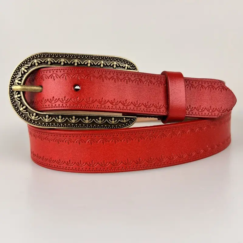 New Genuine Leather Belt Cowhide Embossed Brown - Image 4