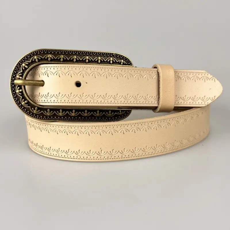 New Genuine Leather Belt Cowhide Embossed Brown - Image 5
