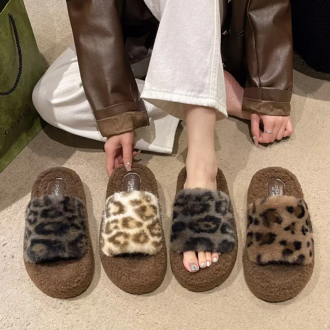 Leopard-print thick-soled fluffy slippers women's autumn and winter new fashion cotton slippers home fleece-lined warm slipper - Image 5