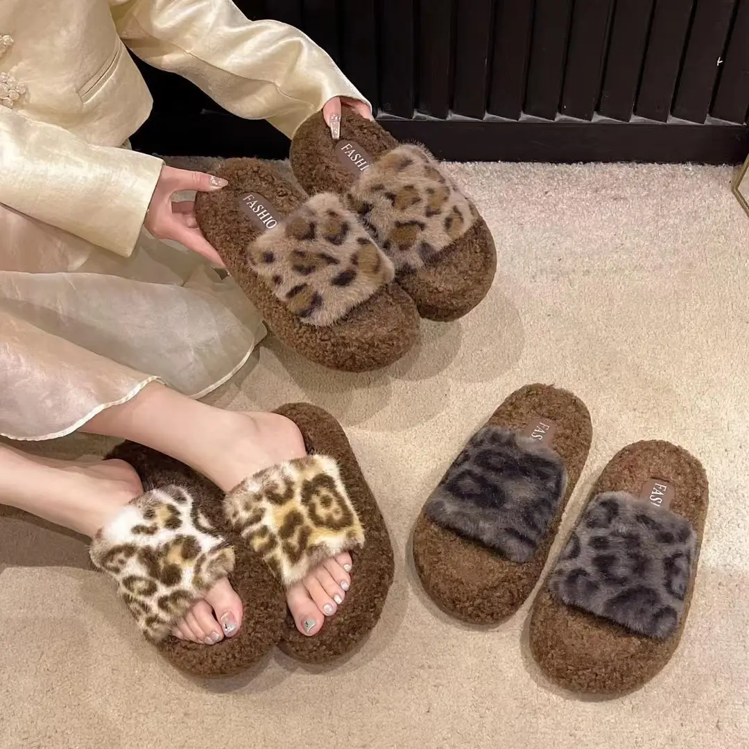 Leopard-print thick-soled fluffy slippers women's autumn and winter new fashion cotton slippers home fleece-lined warm slipper - Image 6
