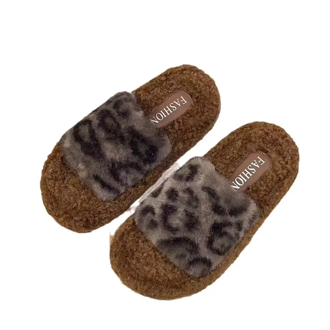 Leopard-print thick-soled fluffy slippers women's autumn and winter new fashion cotton slippers home fleece-lined warm slipper - Image 7