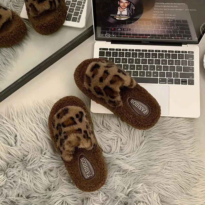 Leopard-print thick-soled fluffy slippers women's autumn and winter new fashion cotton slippers home fleece-lined warm slipper — feature 12