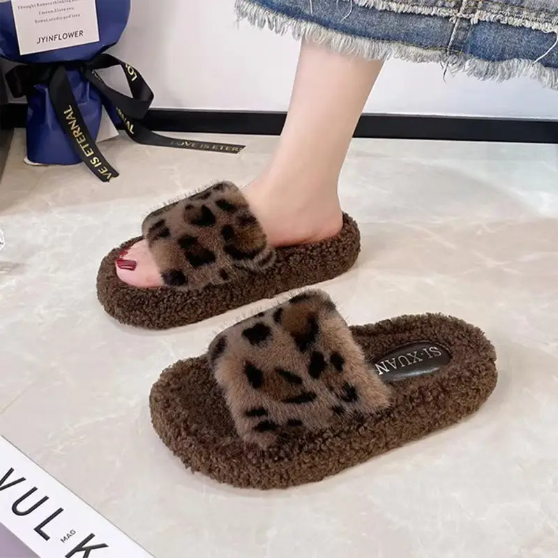 Leopard-print thick-soled fluffy slippers women's autumn and winter new fashion cotton slippers home fleece-lined warm slipper — feature 13