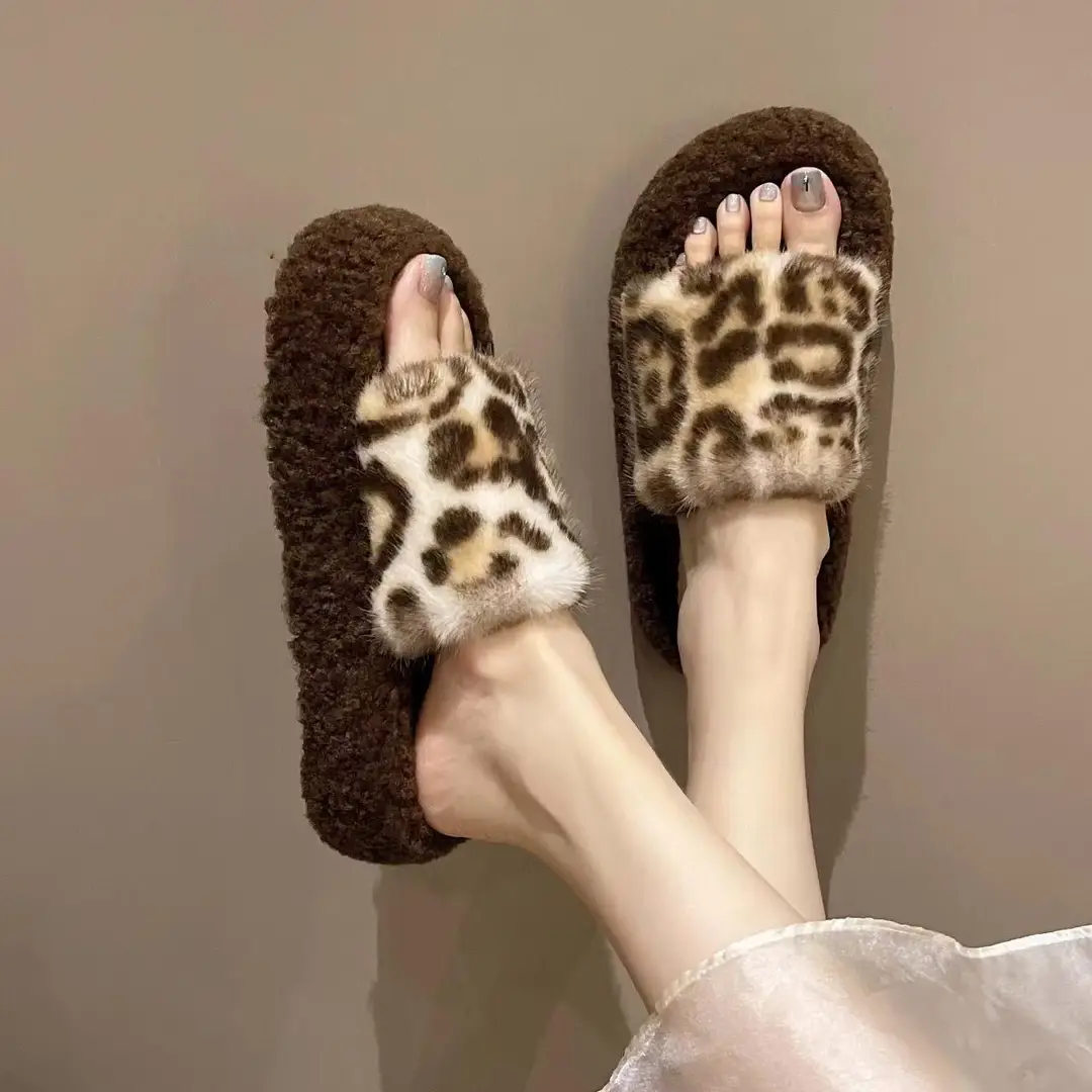 Leopard-print thick-soled fluffy slippers women's autumn and winter new fashion cotton slippers home fleece-lined warm slipper — feature 15