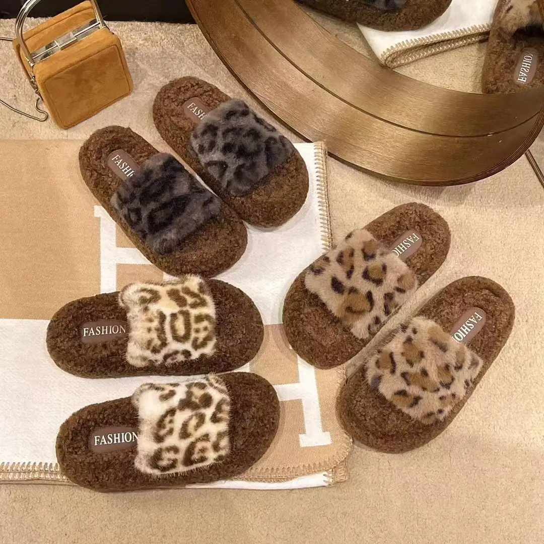 Leopard-print thick-soled fluffy slippers women's autumn and winter new fashion cotton slippers home fleece-lined warm slipper — feature 17