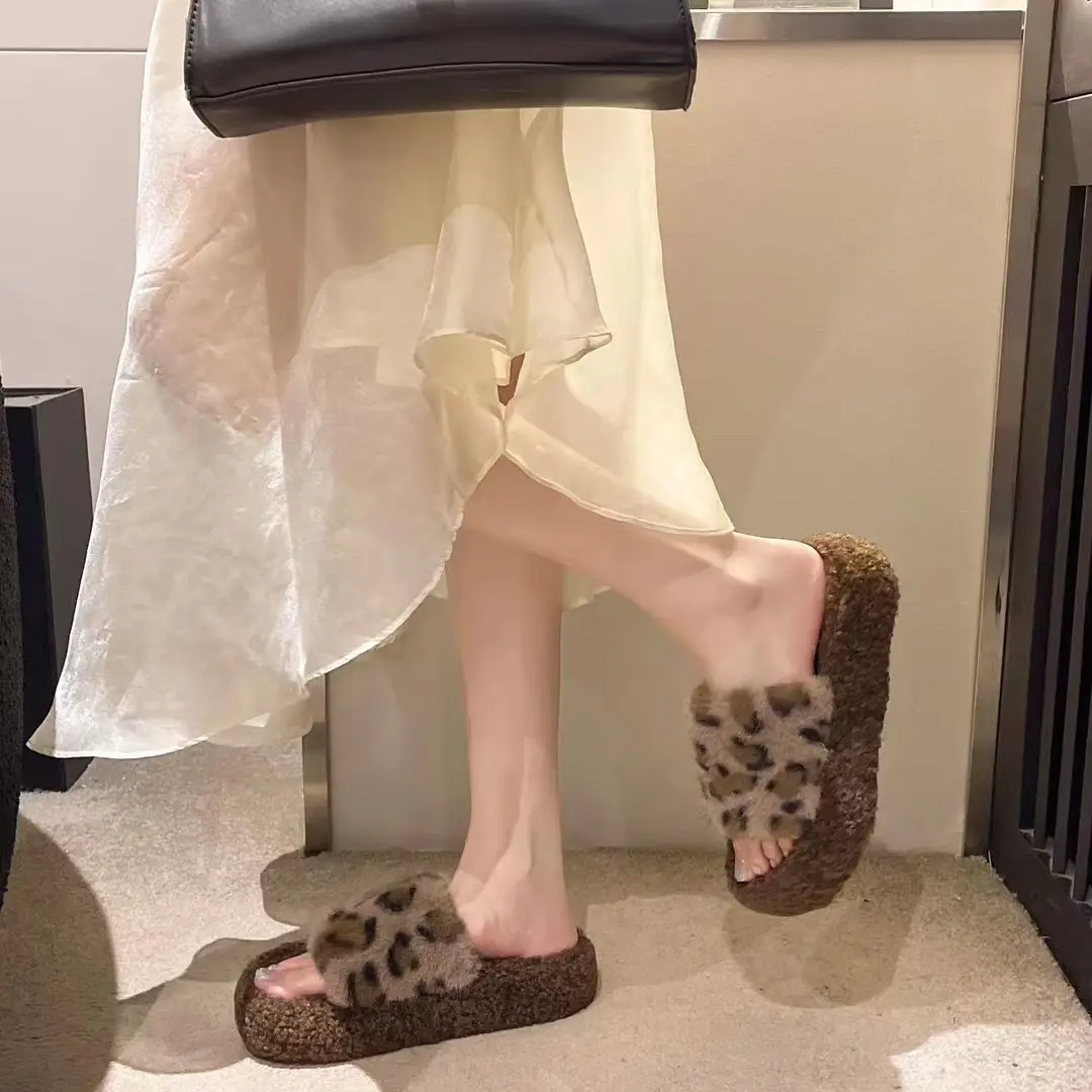 Leopard-print thick-soled fluffy slippers women's autumn and winter new fashion cotton slippers home fleece-lined warm slipper — feature 19