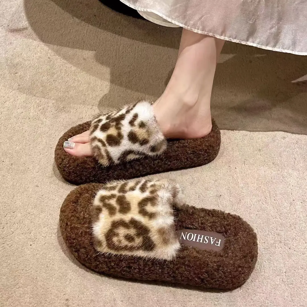 Leopard-print thick-soled fluffy slippers women's autumn and winter new fashion cotton slippers home fleece-lined warm slipper — feature 21