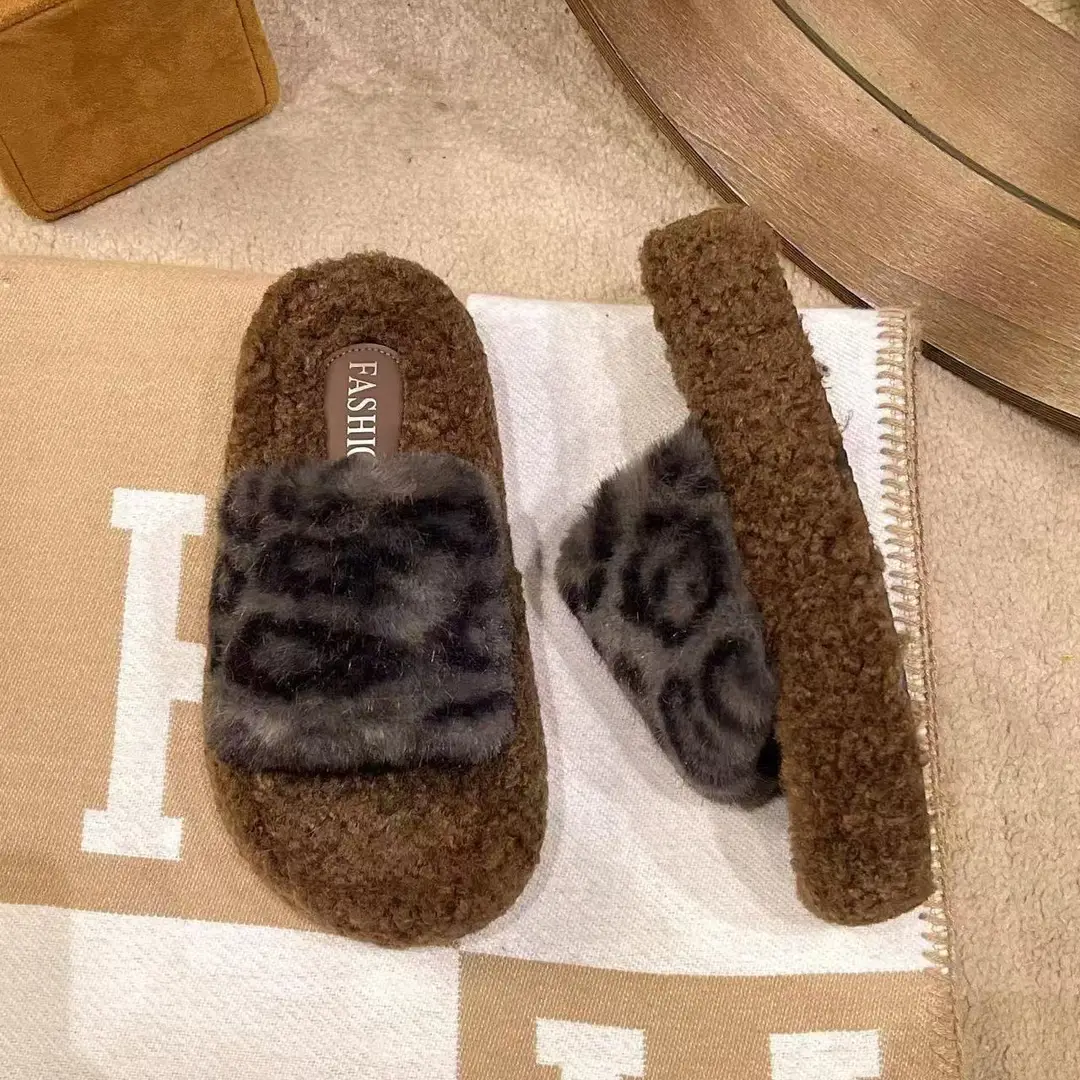Leopard-print thick-soled fluffy slippers women's autumn and winter new fashion cotton slippers home fleece-lined warm slipper — feature 4