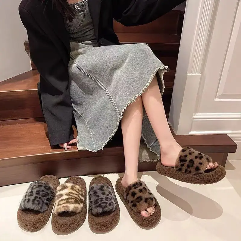 Leopard-print thick-soled fluffy slippers women's autumn and winter new fashion cotton slippers home fleece-lined warm slipper — feature 5