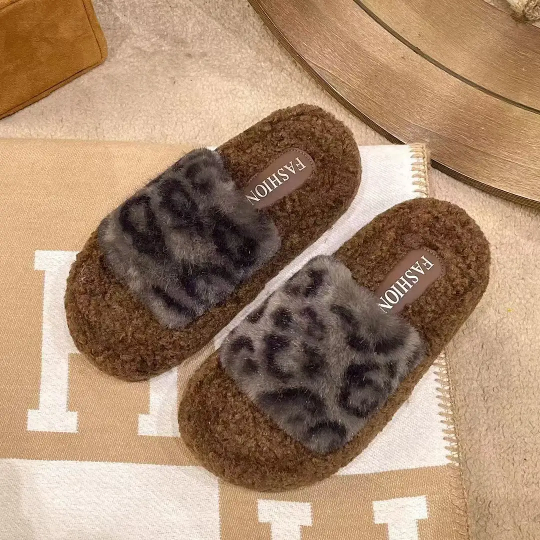 Leopard-print thick-soled fluffy slippers women's autumn and winter new fashion cotton slippers home fleece-lined warm slipper - Image 2