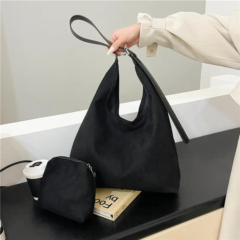Black Suede Shoulder Bag 2024 Autumn Winter New Vintage - Image 5