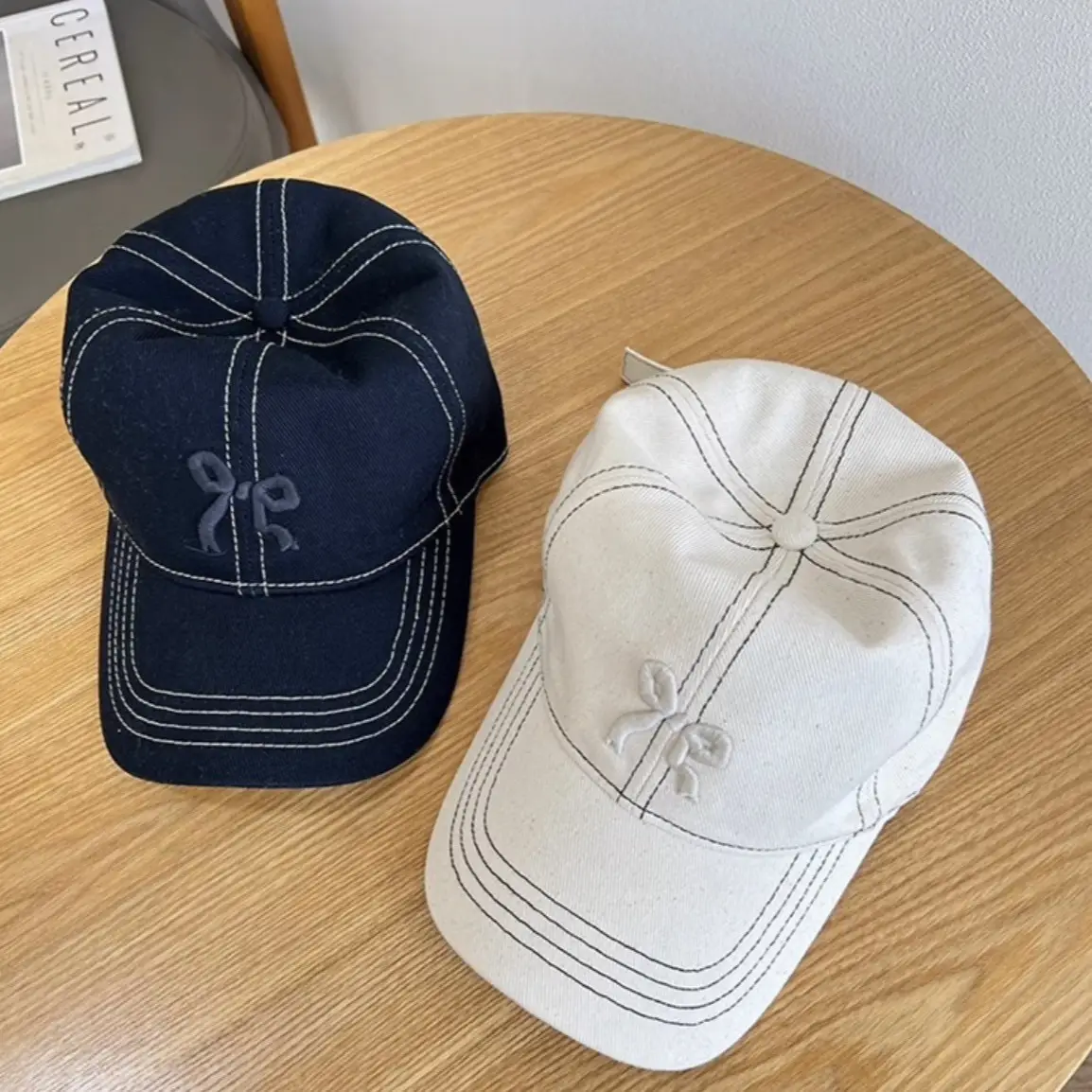 Women Embroidered Baseball Caps Navy White Bowknot Design - Image 6