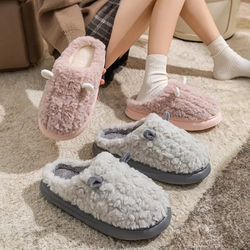 Cute Sheep Horn Cotton Slippers for Women 2025 New Winter Home Indoor Warm Couple Plush Cotton Slippers Wholesale - Image 24