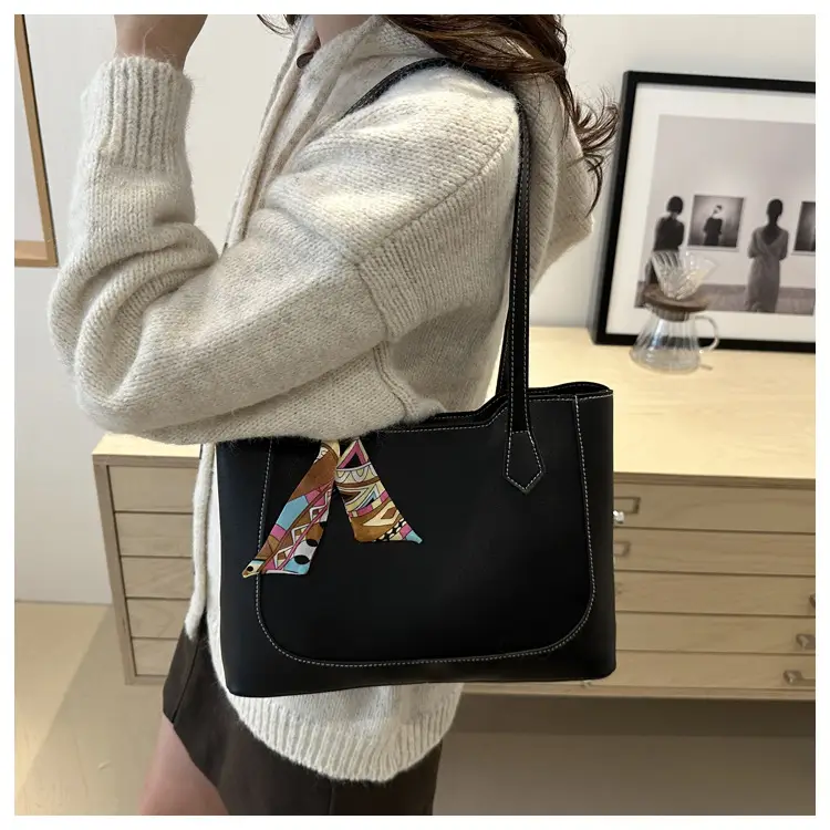 Elegant Black Silk Scarf Hand Tote Bag for Women