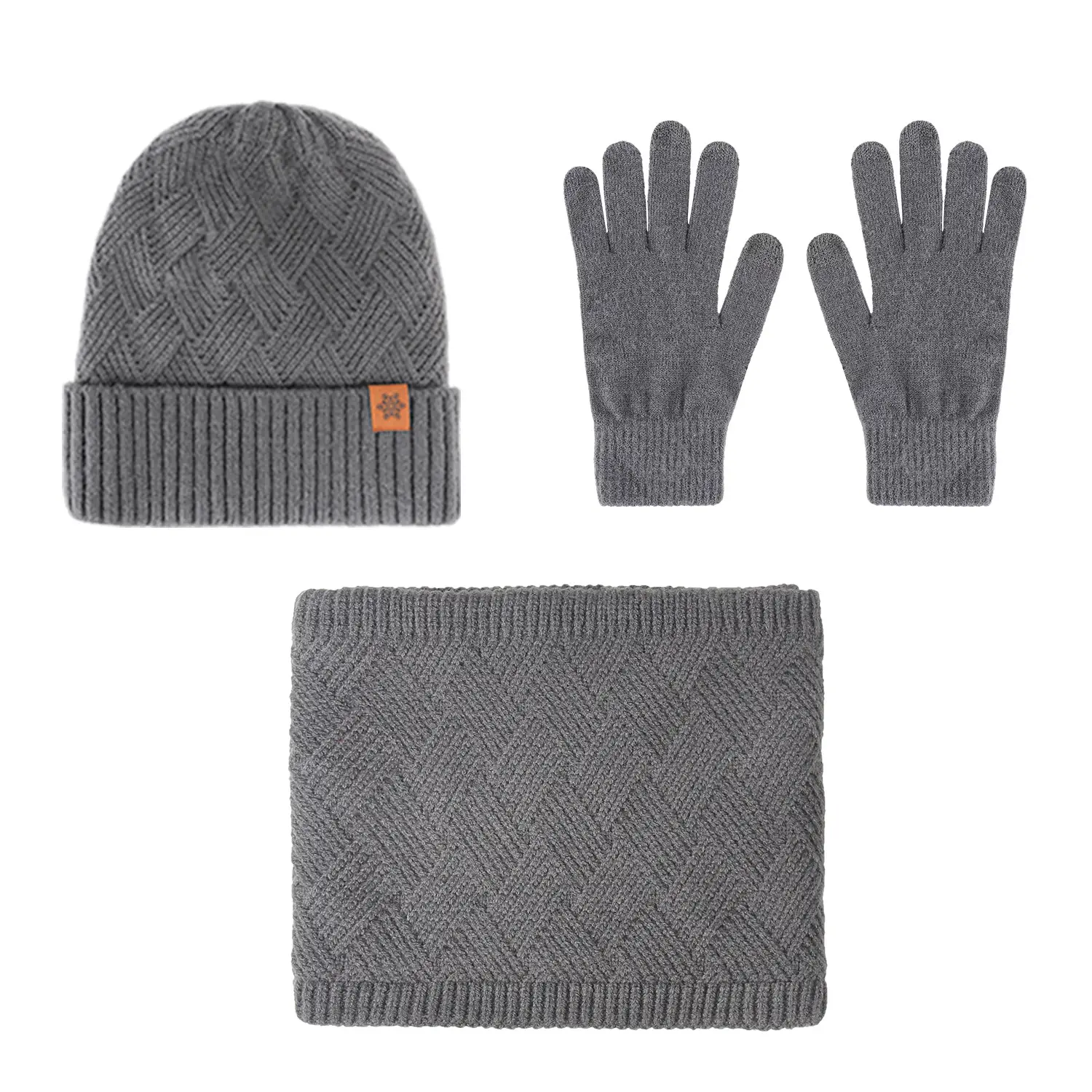 Winter Men's Black Knitted Beanie Scarf Gloves Set
