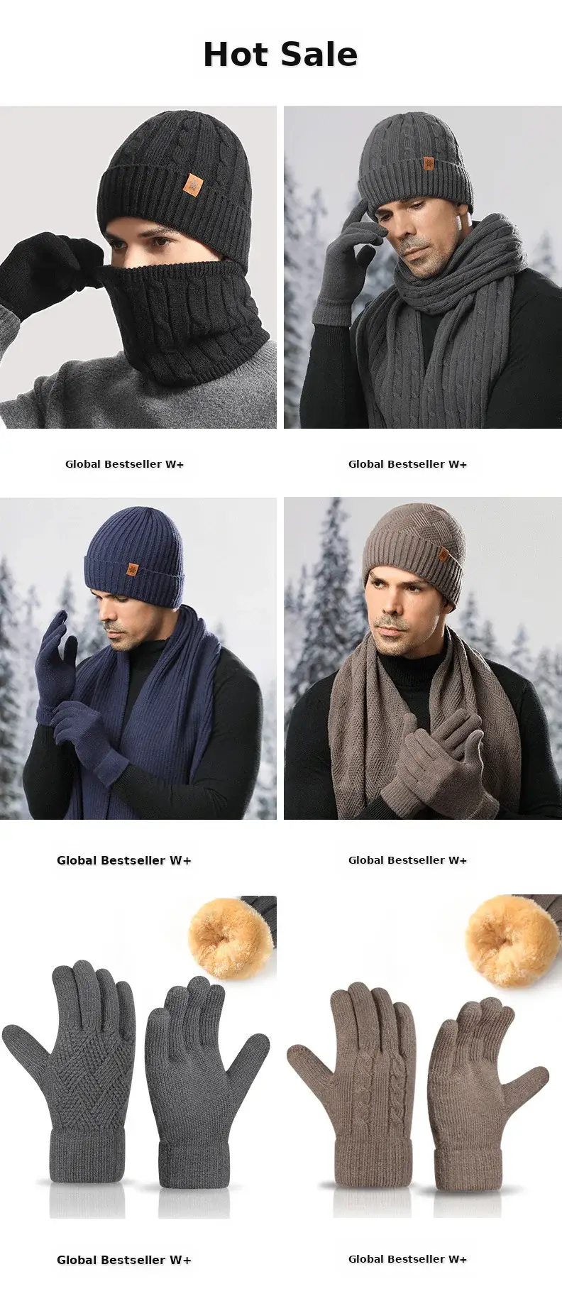 Winter Men's Black Knitted Beanie Scarf Gloves Set — feature 1