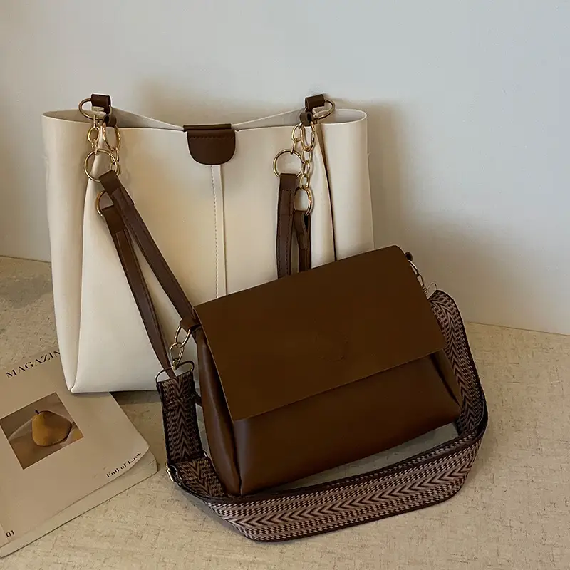 Two-Piece Black Leather Shoulder Tote & Crossbody Bag Set - Image 5
