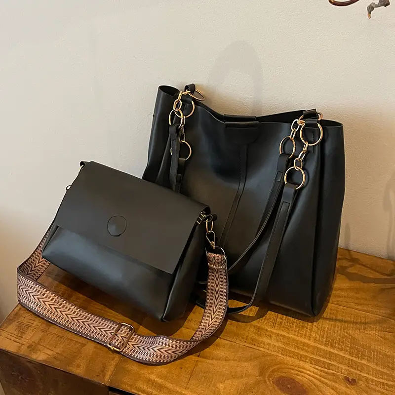Two-Piece Black Leather Shoulder Tote & Crossbody Bag Set - Image 6