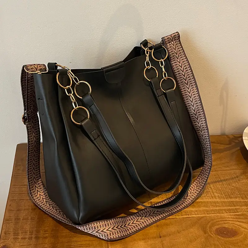 Two-Piece Black Leather Shoulder Tote & Crossbody Bag Set - Image 7