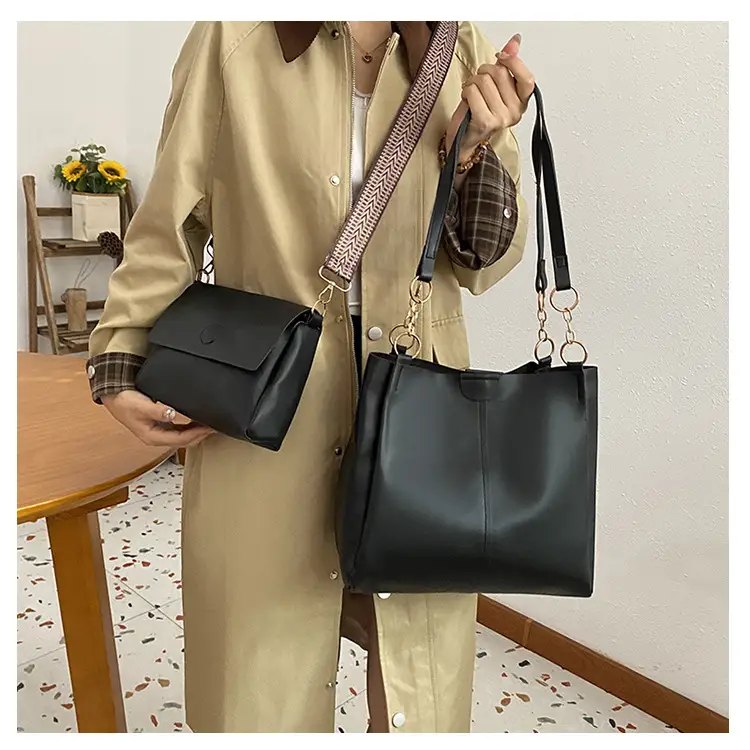 Two-Piece Black Leather Shoulder Tote & Crossbody Bag Set — feature 12