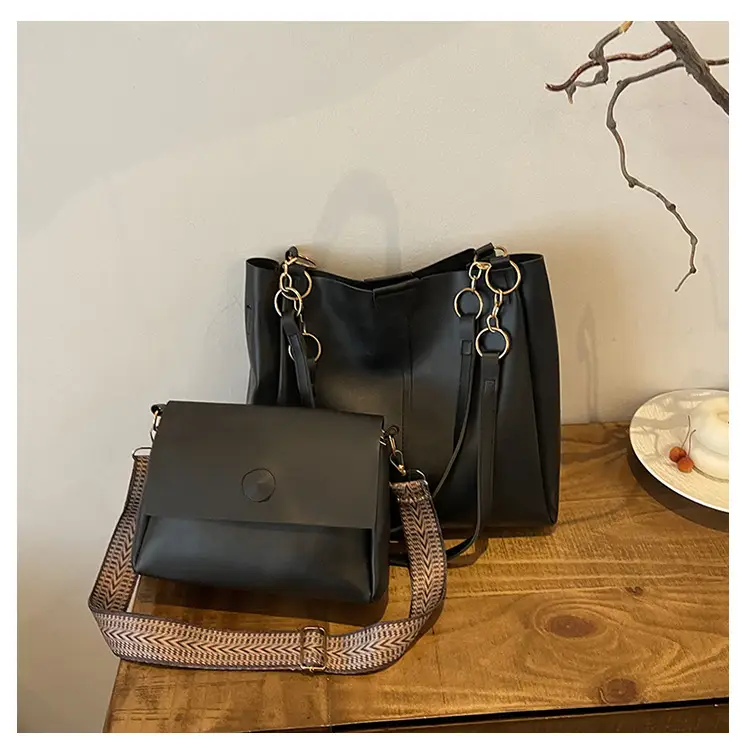 Two-Piece Black Leather Shoulder Tote & Crossbody Bag Set — feature 33