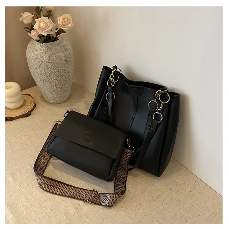 Two-Piece Black Leather Shoulder Tote & Crossbody Bag Set — feature 34