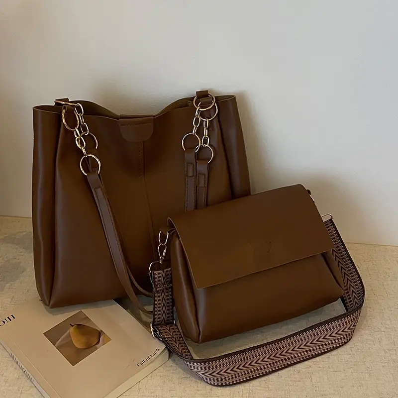 Two-Piece Black Leather Shoulder Tote & Crossbody Bag Set - Image 2