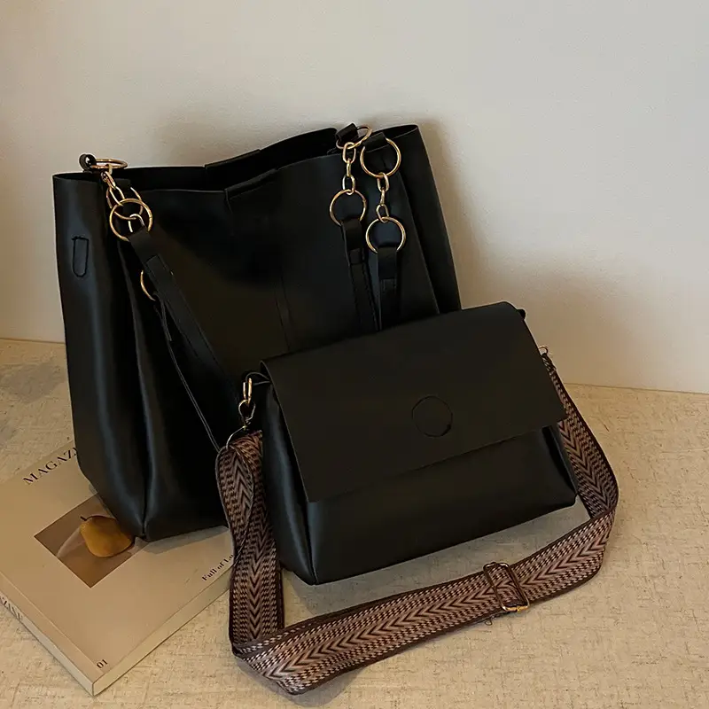 Two-Piece Black Leather Shoulder Tote & Crossbody Bag Set - Image 3