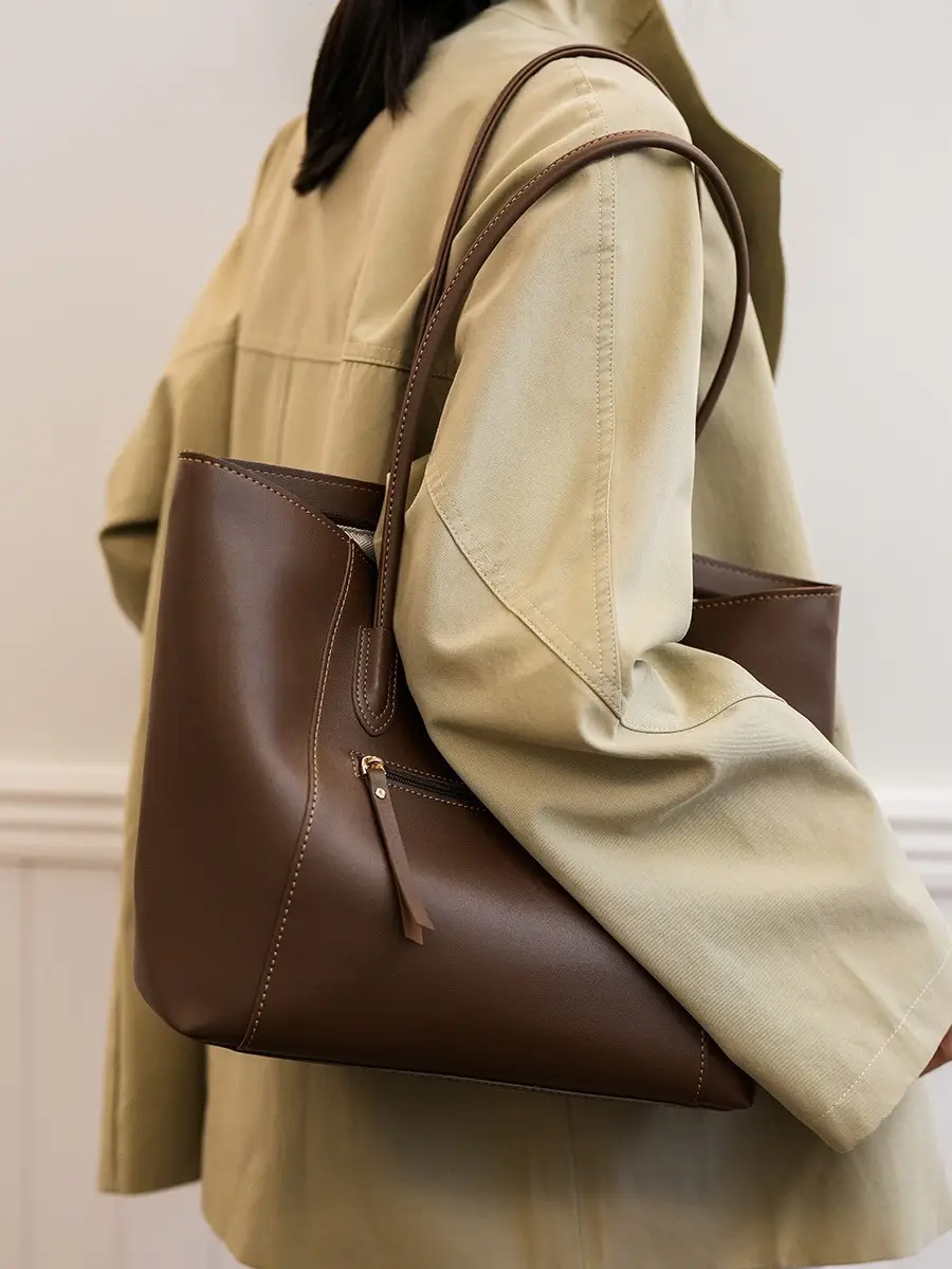 Women Brown Leather Shoulder Tote Bag Large Capacity