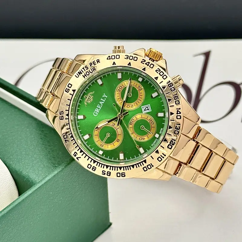 Grealy Men's Three-Eye Chronograph Watch Gold Black Dial - Image 9