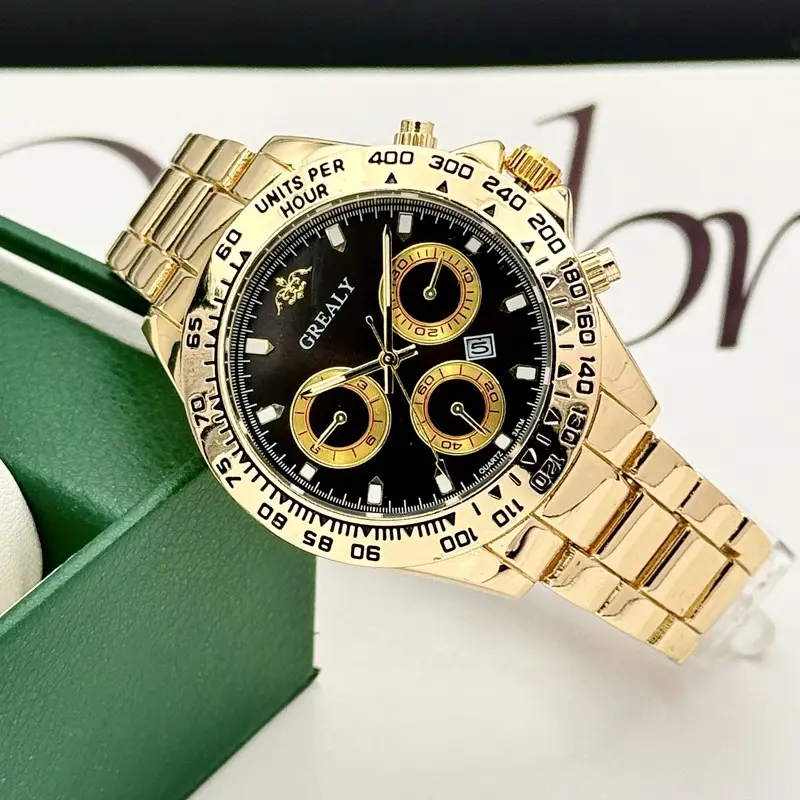 Grealy Men's Three-Eye Chronograph Watch Gold Black Dial - Image 11