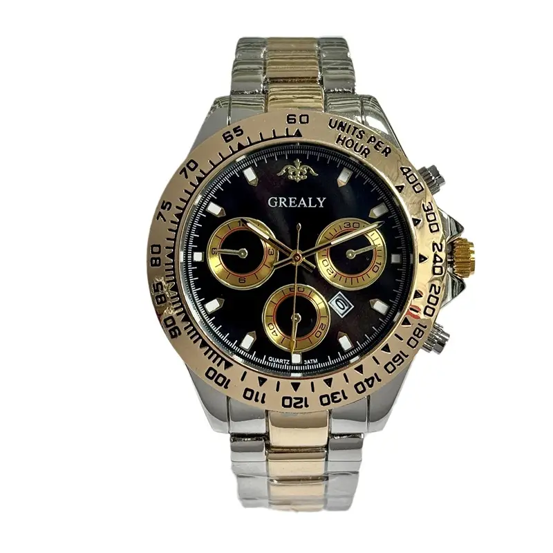 Grealy Men's Three-Eye Chronograph Watch Gold Black Dial - Image 13