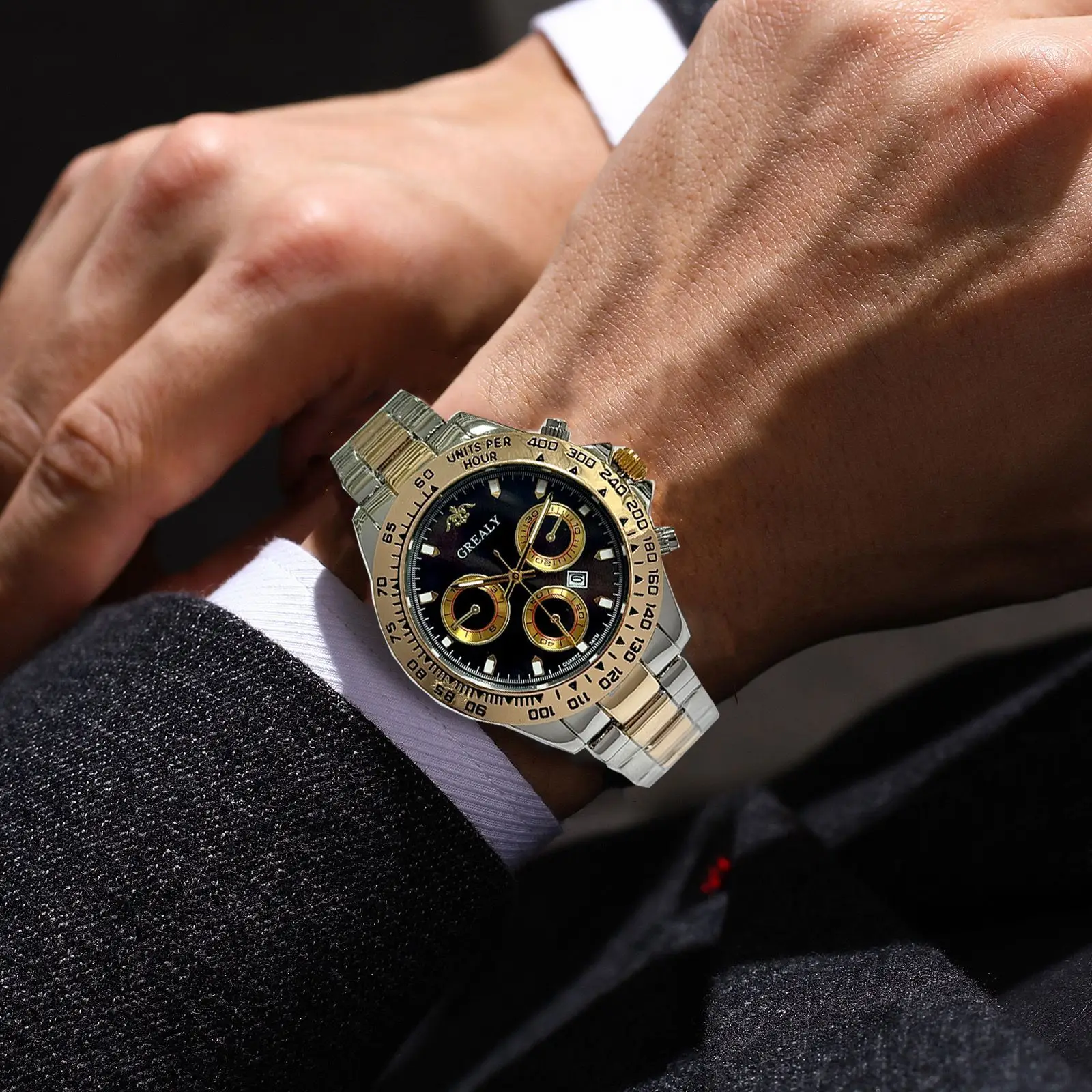 Grealy Men's Three-Eye Chronograph Watch Gold Black Dial — feature 3