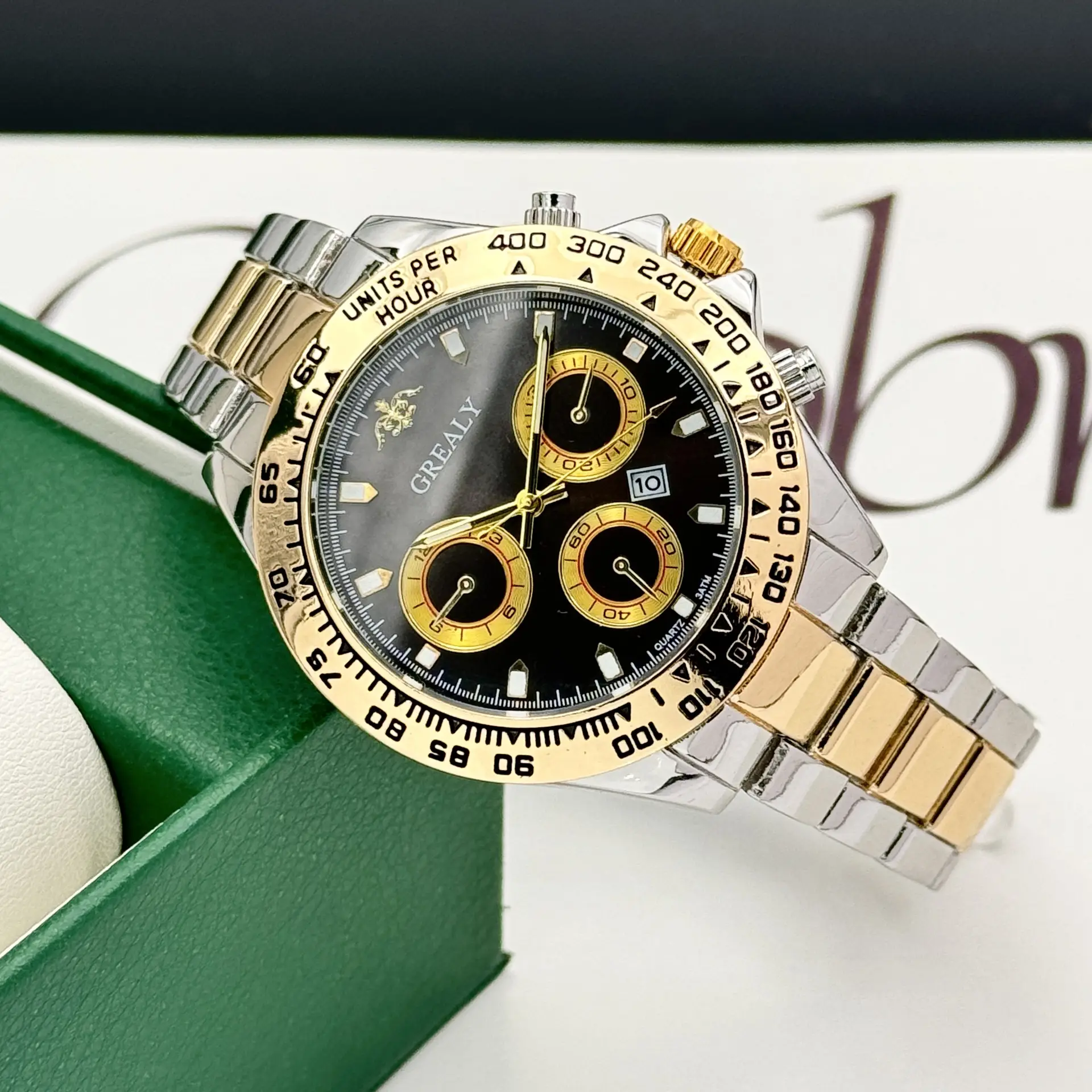 Grealy Men's Three-Eye Chronograph Watch Gold Black Dial - Image 6