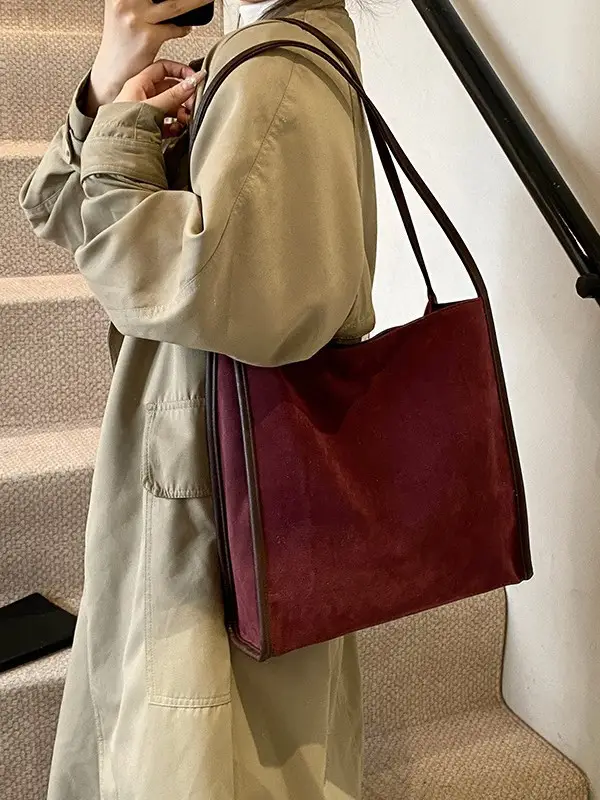 Women Retro Maroon Shoulder Bag Autumn Winter Commuter Tote - Image 7