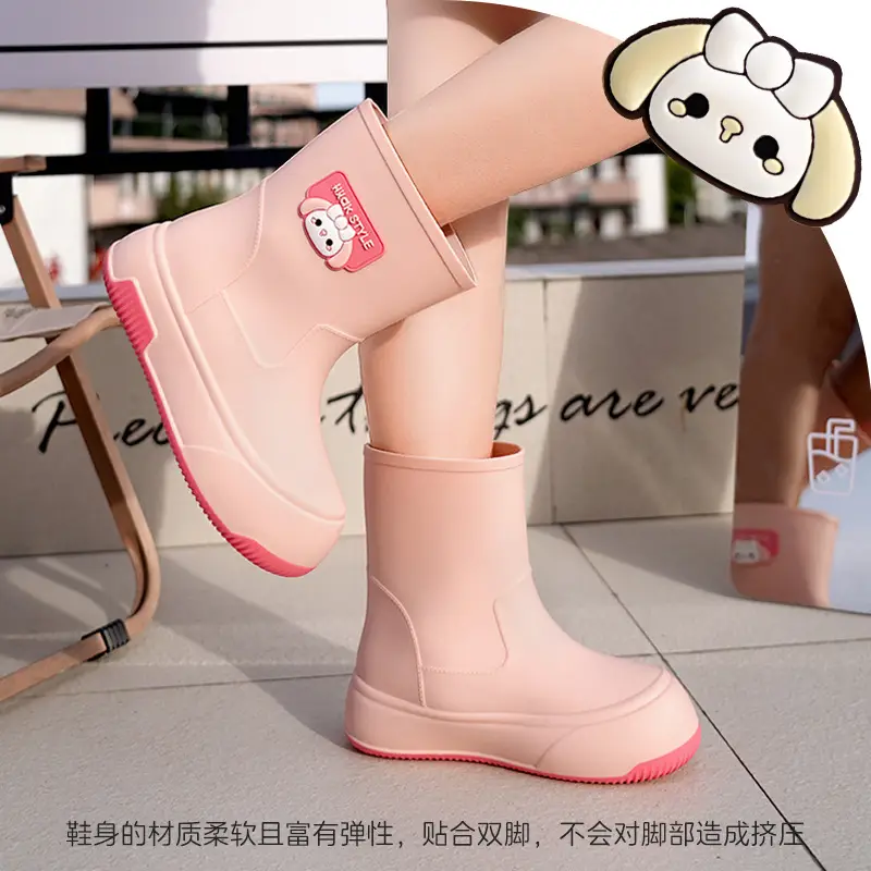 Japanese-type Rain Boots Women's Sweet Outer Wear Mid-tube Rain Boots Kitchen Work Wear-resistant Rubber Shoes fleece-lined Warm Non-slip Waterproof Shoes - Image 10