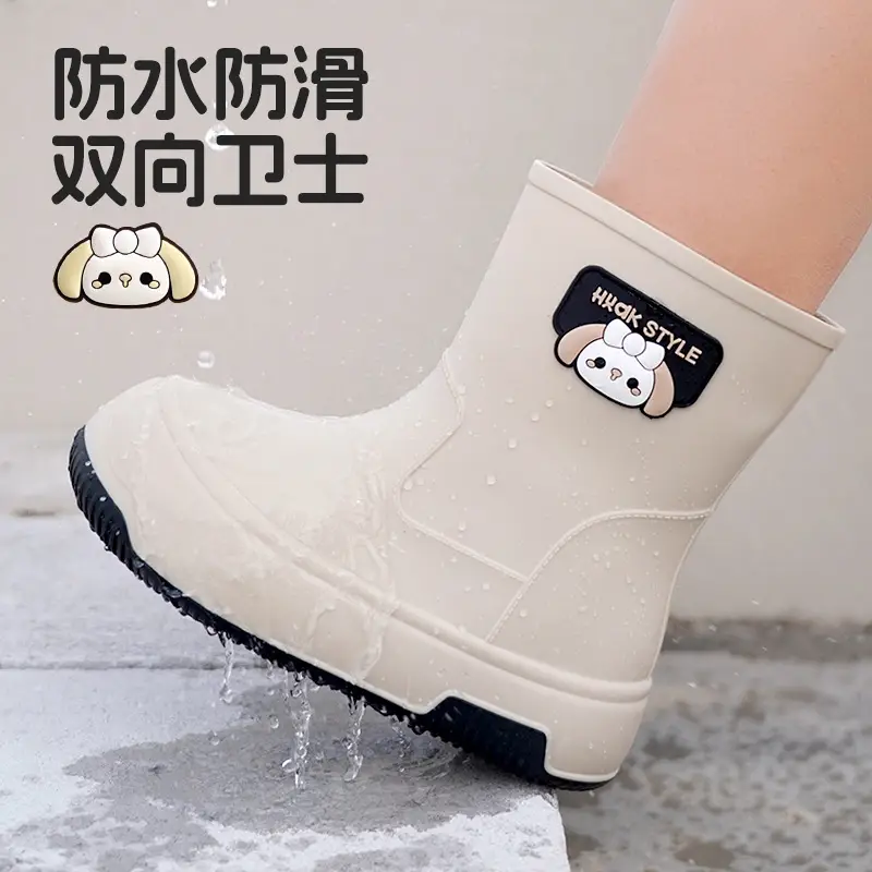Japanese-type Rain Boots Women's Sweet Outer Wear Mid-tube Rain Boots Kitchen Work Wear-resistant Rubber Shoes fleece-lined Warm Non-slip Waterproof Shoes - Image 12